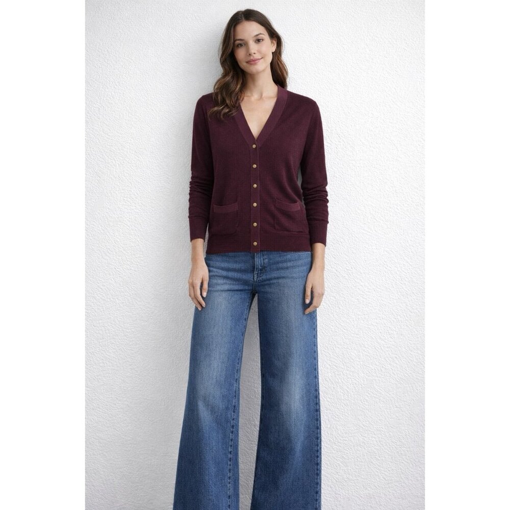J. Crew V-Neck Cardigan Sweater Wine Color Merino Wool Button Down Small Gold 2A